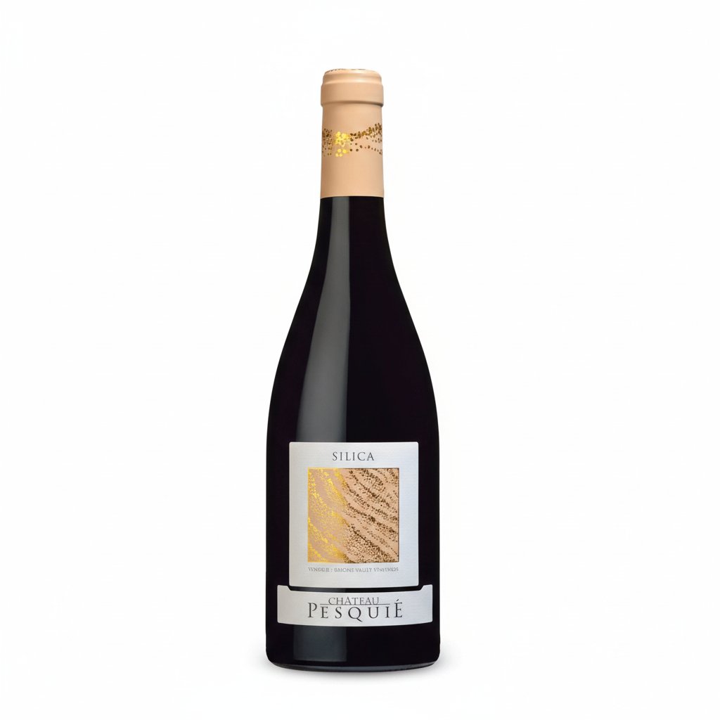 Chateau Pesquie Silica Rouge wine bottle with label, showcasing red wine and elegant packaging.