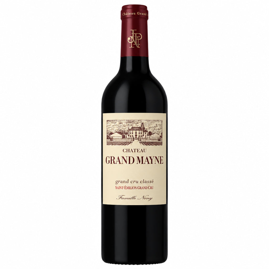 Bottle of Chateau Grand Mayne Saint-Emilion wine with a dark glass bottle and label featuring the Chateau logo and vineyard details.