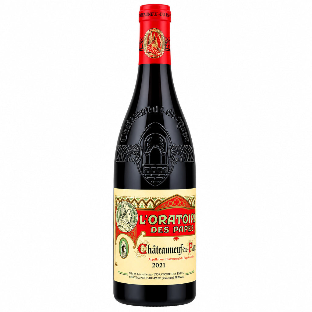 Bottle of Clos de L'Oratoire des Papes Chateauneuf-du-Pape Rouge red wine with a dark label and elegant bottle shape