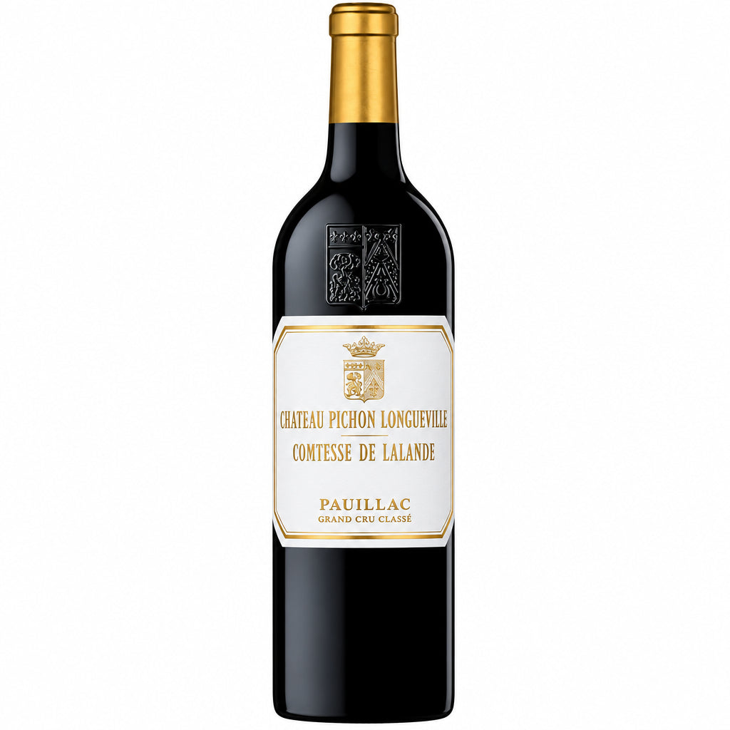 Chateau Pichon Comtesse 2018 wine bottle with elegant label, dark glass, and gold accents, placed on a neutral background.