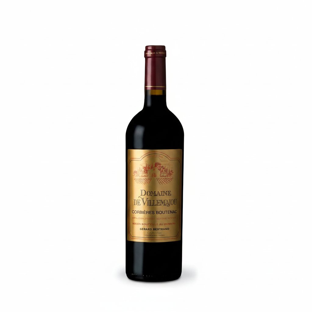 Gerard Bertrand Domaine de Villemajou Corbieres Boutenac red wine bottle with label and cork in a natural setting