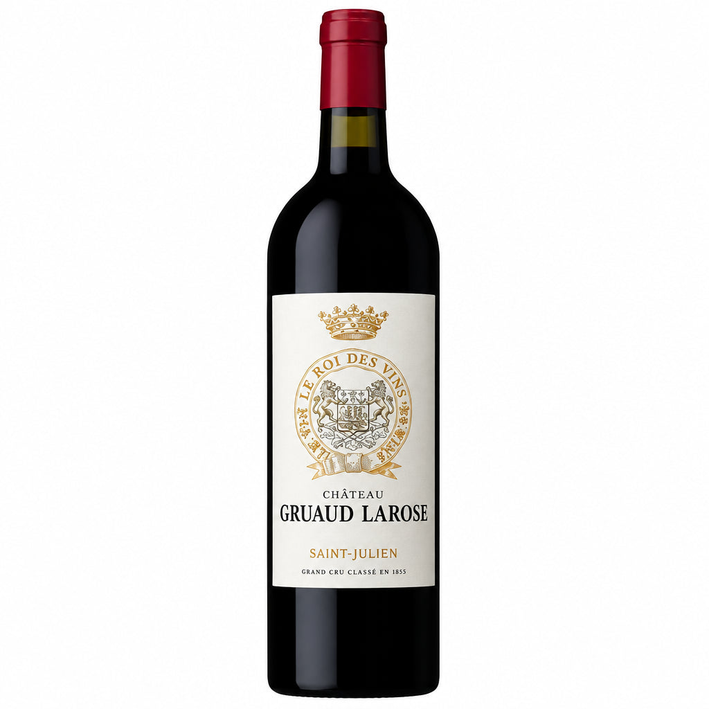 Bottle of Chateau Gruaud Larose 2020 red wine with a deep label and foil capsule, standing upright on a neutral background.