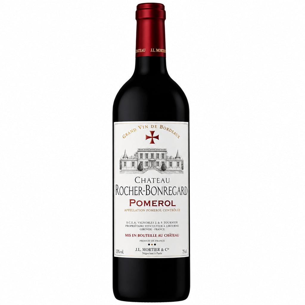 Chateau Rocher-Bonregard Pomerol wine bottle with elegant label, placed on a wooden surface, showcasing a classic Bordeaux red wine.