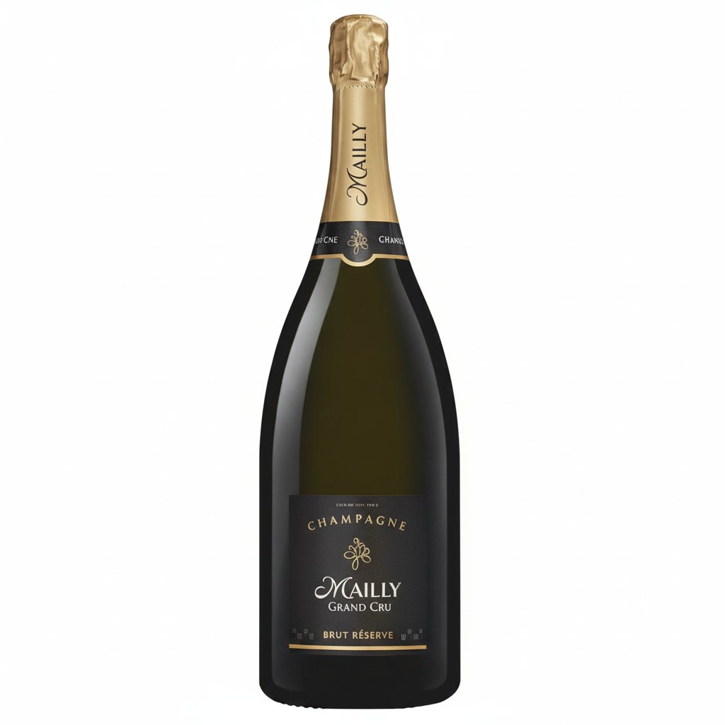 Champagne Mailly Grand Cru Reserve Brut in 375mL bottle, showcasing elegant sparkling wine with a golden hue.