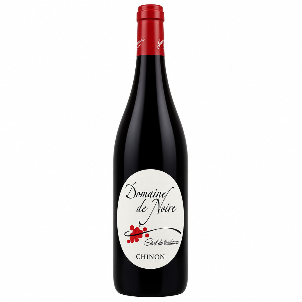 Bottle of Domaine de Noire Chinon Soif de Tendresse red wine with a dark label and elegant bottle shape.