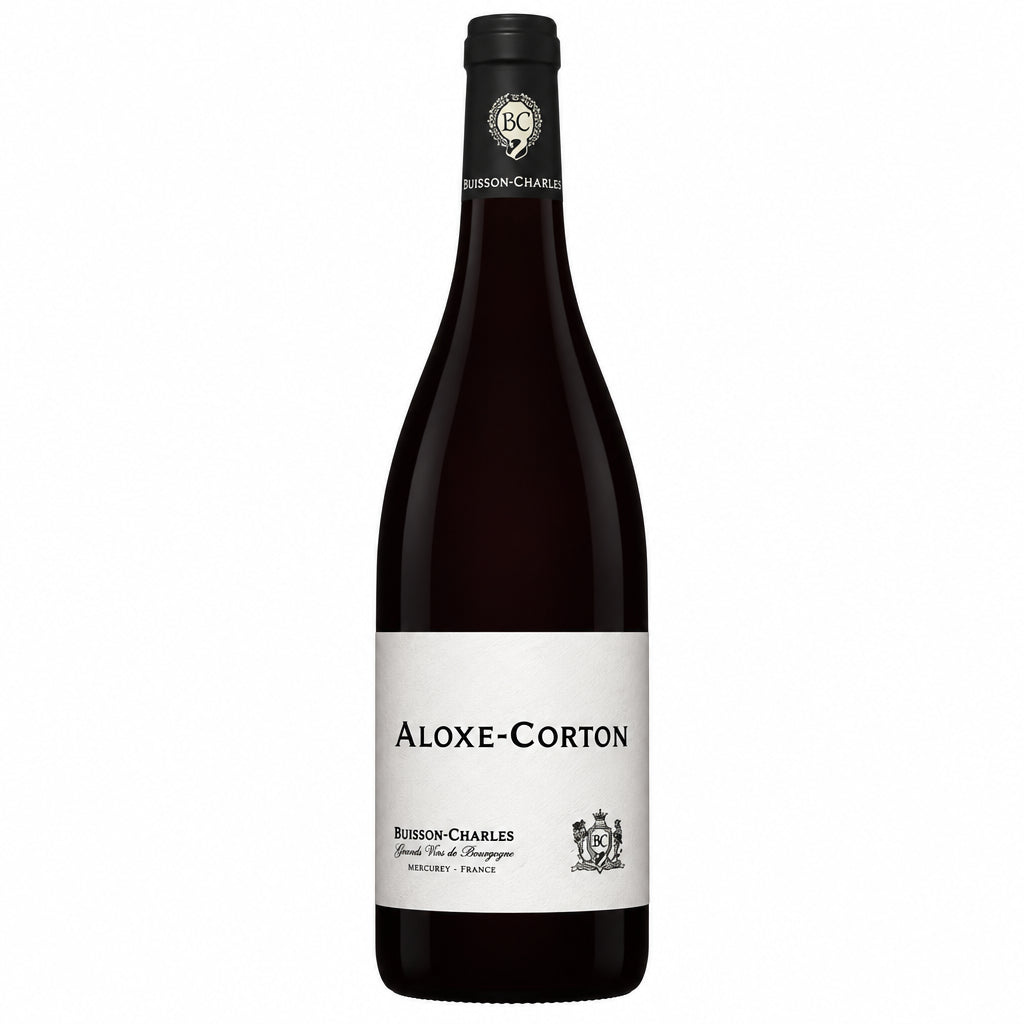 Domaine Buisson-Charles Aloxe-Corton wine bottle on a white background, showcasing the label and dark glass bottle.