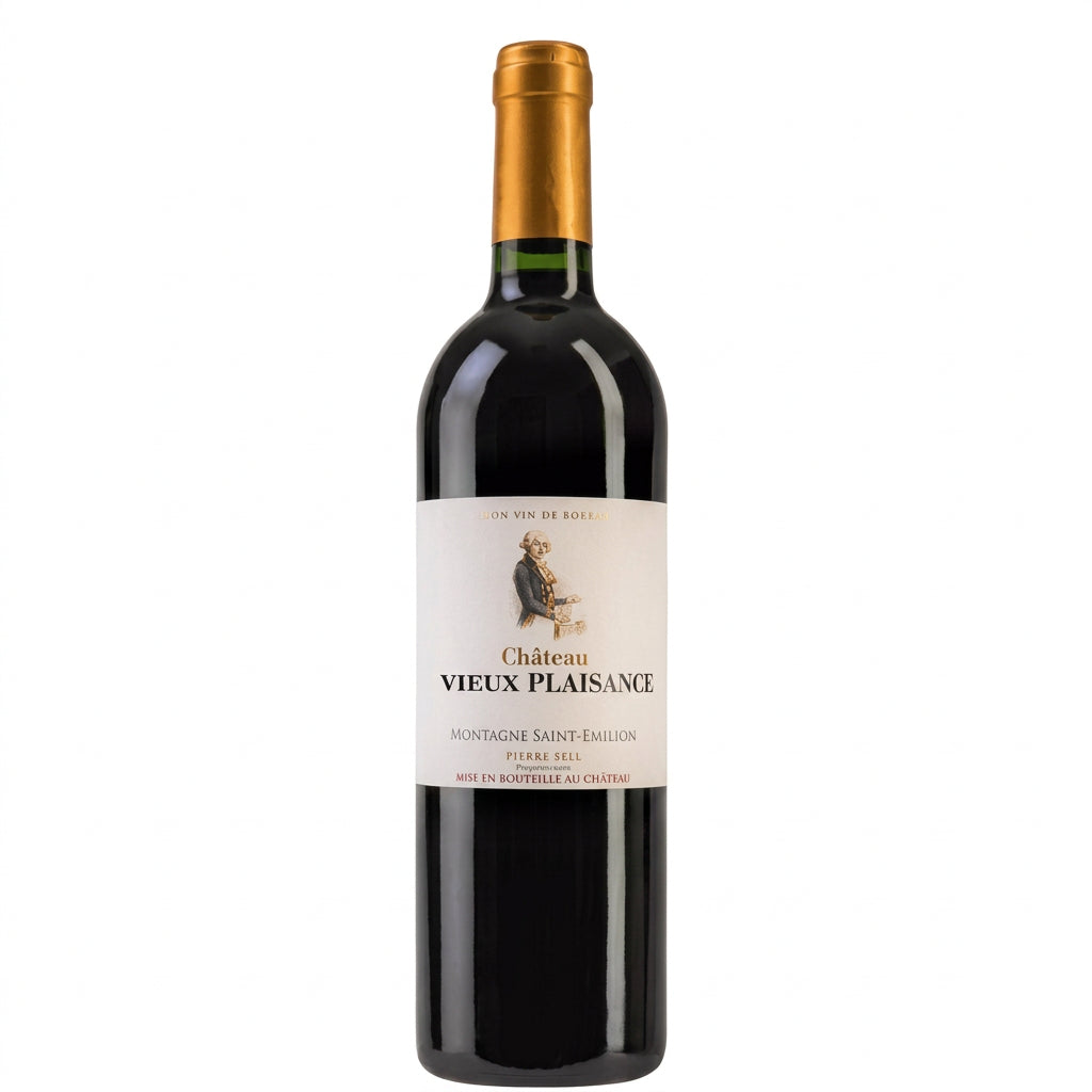 Chateau Vieux Plaisance Montagne Saint-Emilion wine bottle with label and foil capsule, displayed upright.