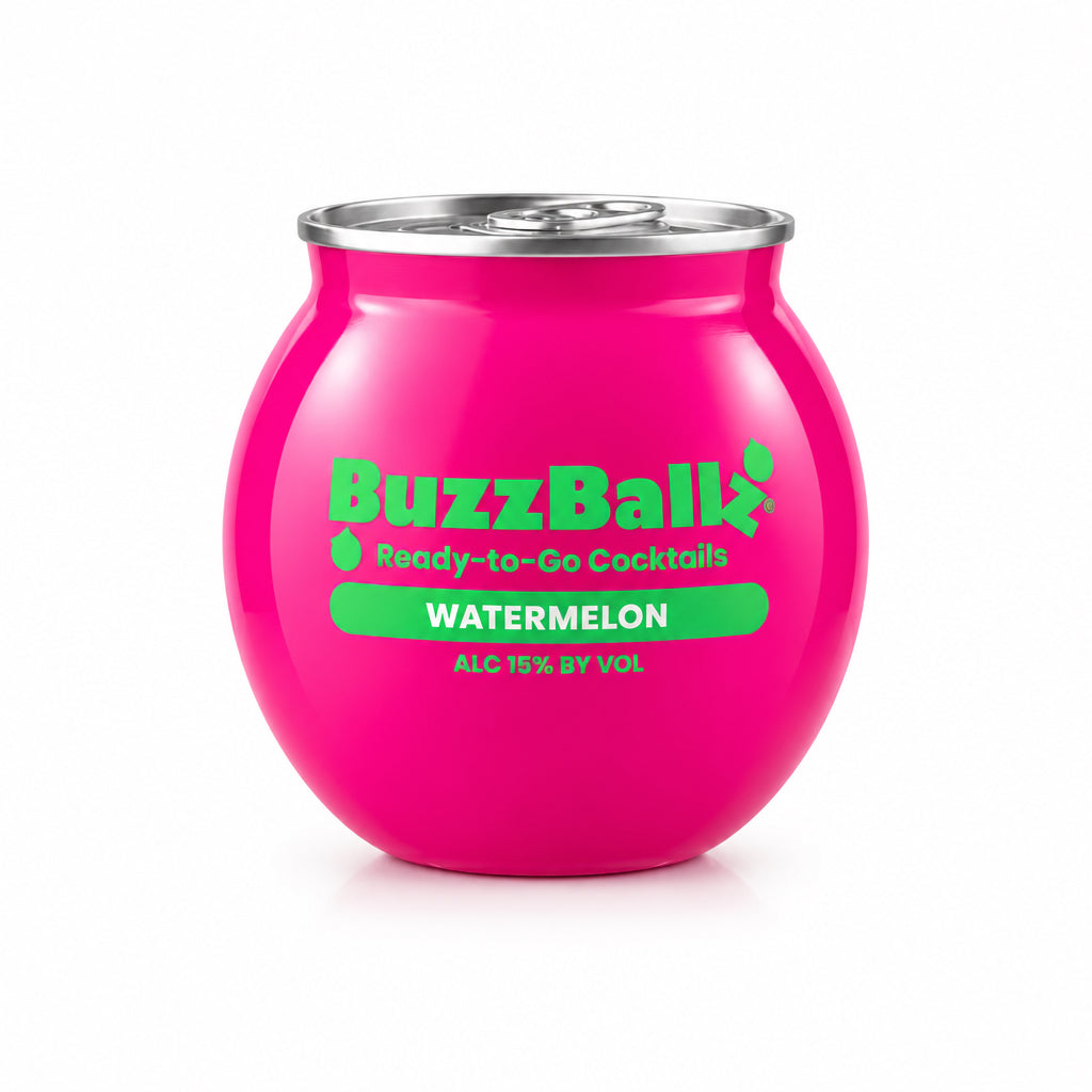 A bright pink BuzzBall Ready-to-Go Cocktails Watermelon can-shaped tumbler with a silver metal rim, shown against a solid black background.