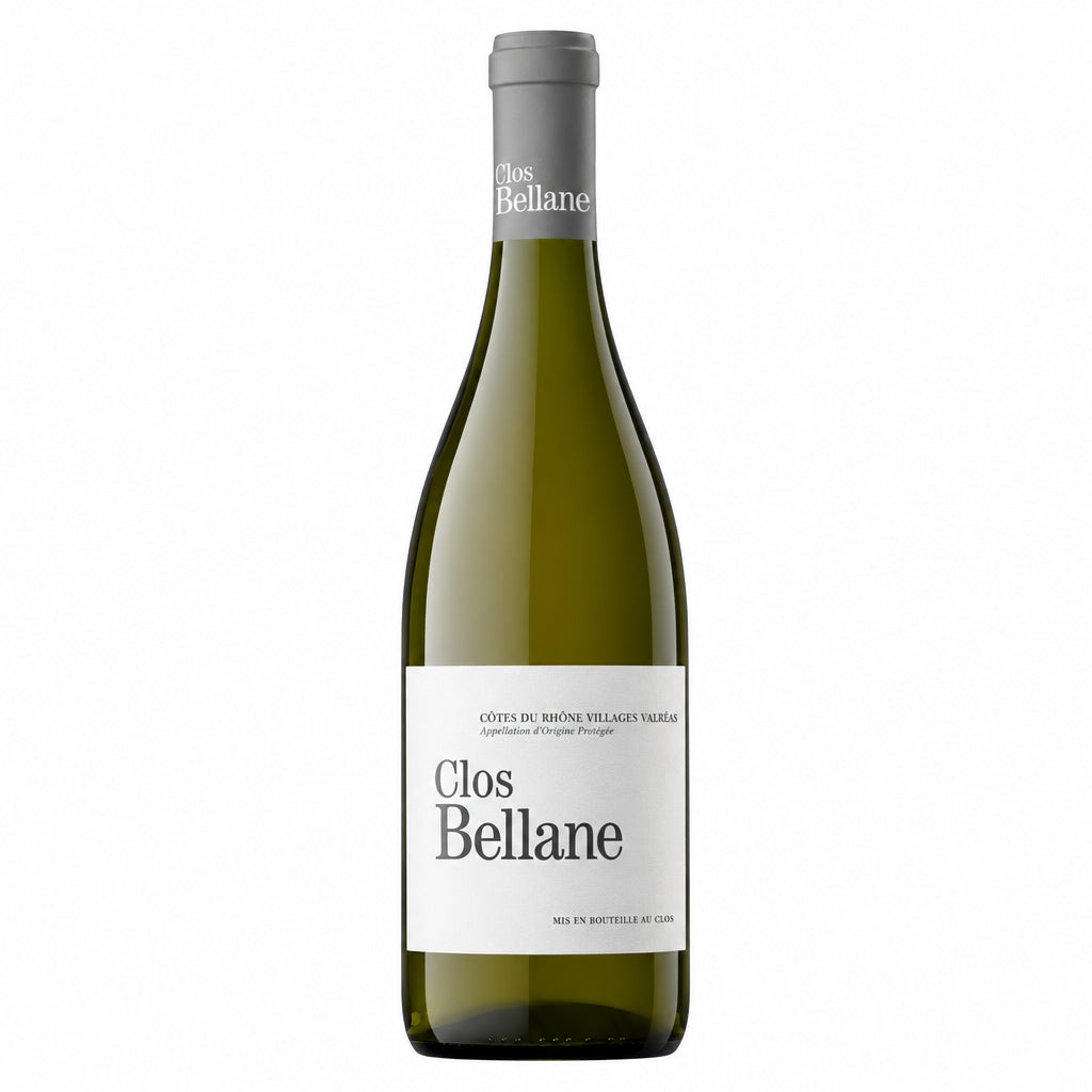 Close-up of a bottle of Clos Bellane Cotes du Rhone Villages Valreas Blanc wine on a table.