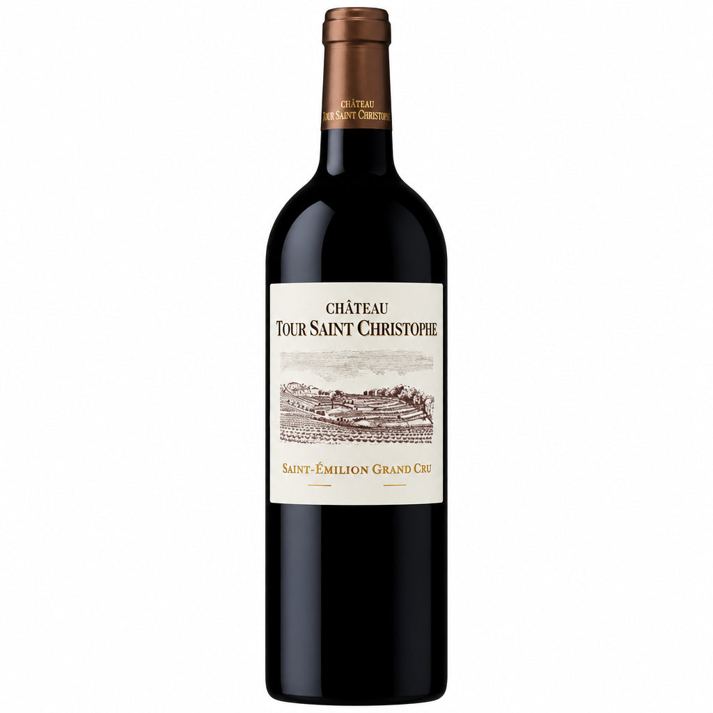 Chateau Tour Saint Christophe wine bottle with label, placed on a wooden surface.