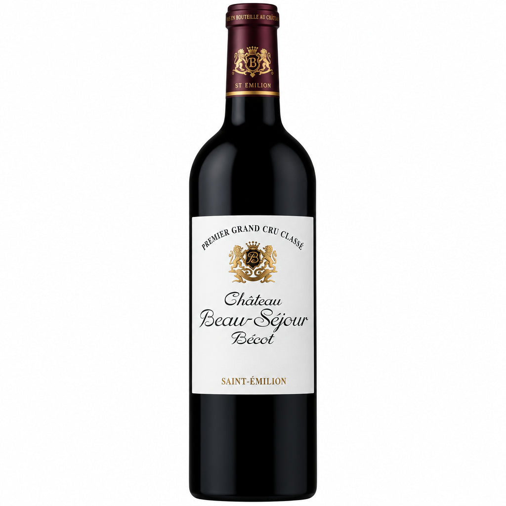 Bottle of Chateau Beau-Sejour Becot 2020 red wine with elegant label and deep red color in a clear glass bottle.