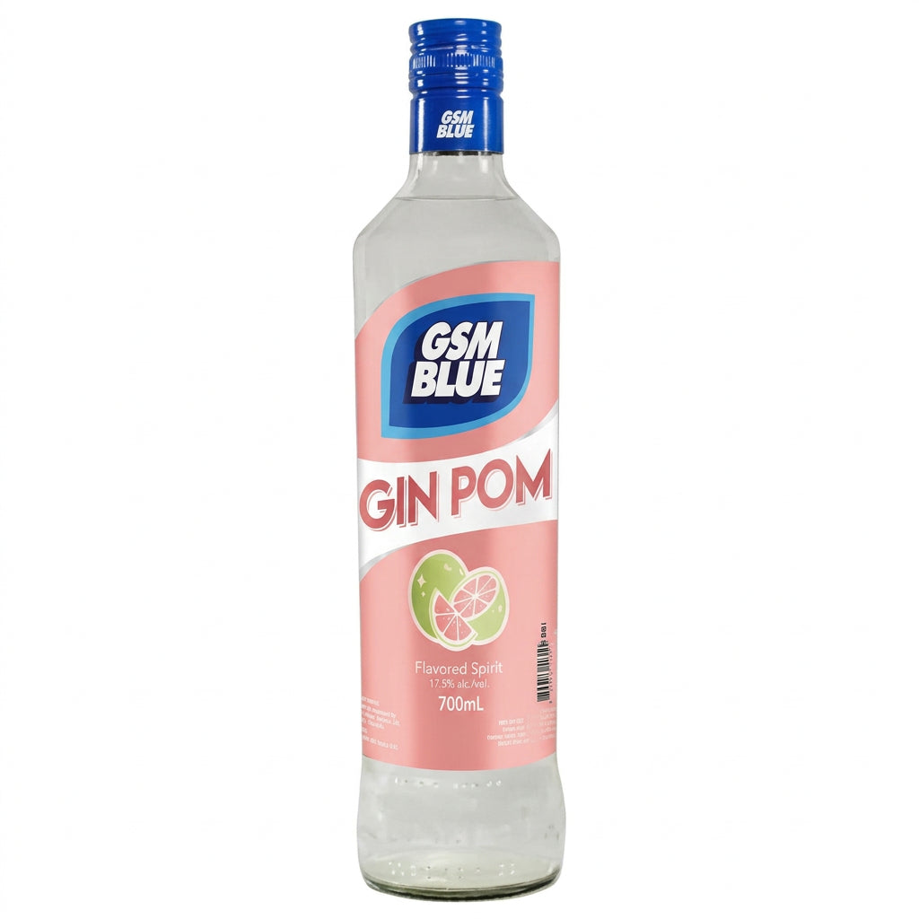 Ginebra San Miguel Blue Pomelo bottle with vibrant blue label and citrus flavor design on a white background.