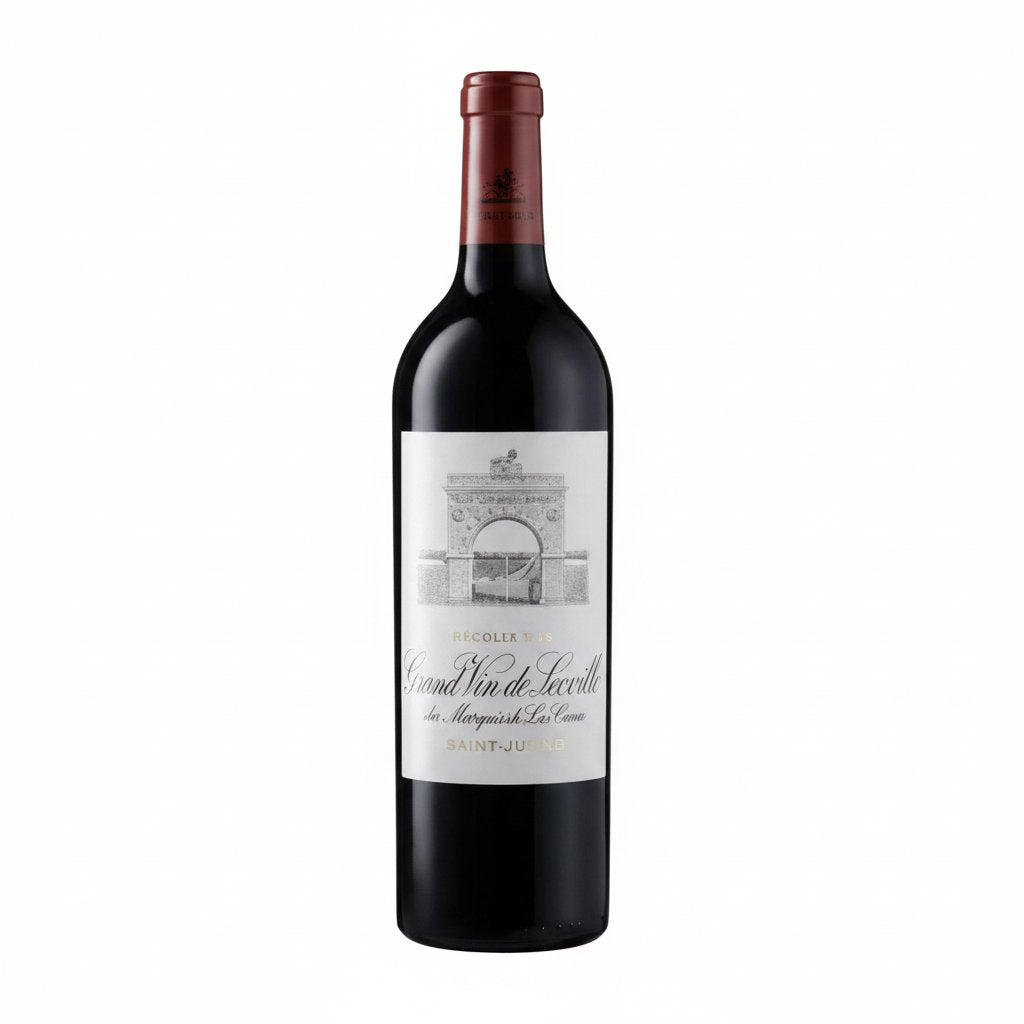 Chateau Leoville Las Cazes Primeur wine bottle with label visible and cork partially removed on a neutral background.