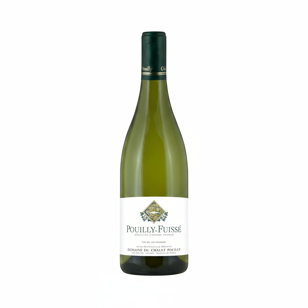 Bottle of Domaine du Chalet Pouilly-Fuisse white wine with a label featuring the Domaine logo and elegant design.