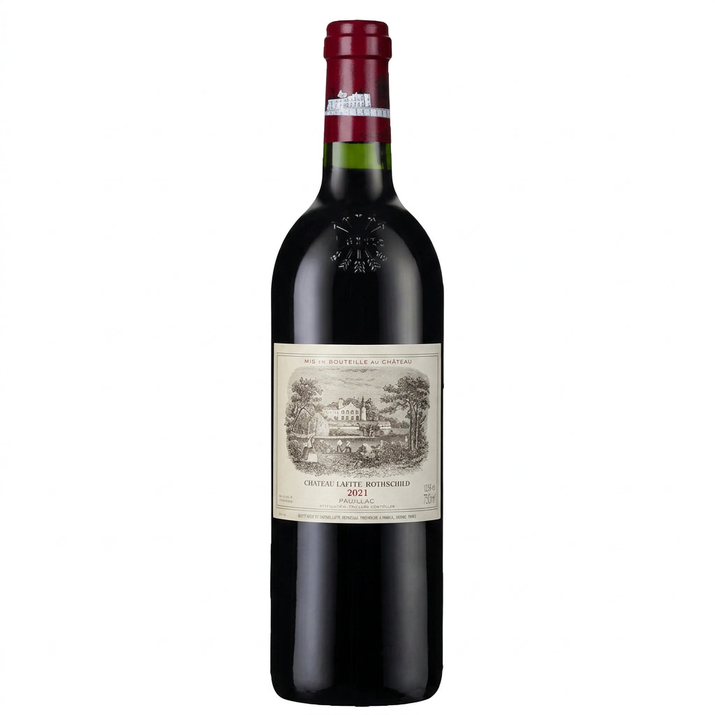 Bottle of Chateau Lafite Rothschild 2021 red wine with a dark label and elegant foil capsule, standing on a wooden surface.