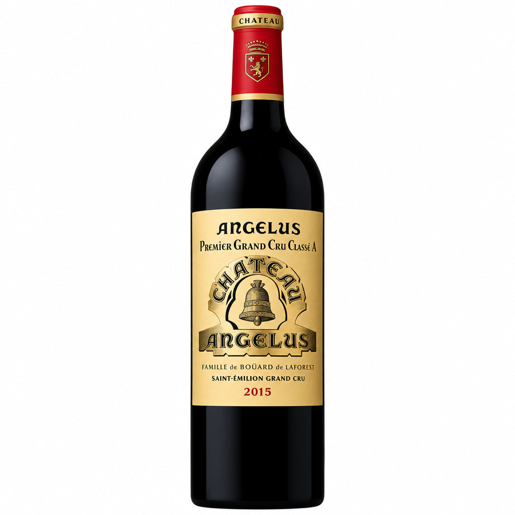 Bottle of Chateau Angelus 2020 red wine with a classic label, showcased on a wine display.