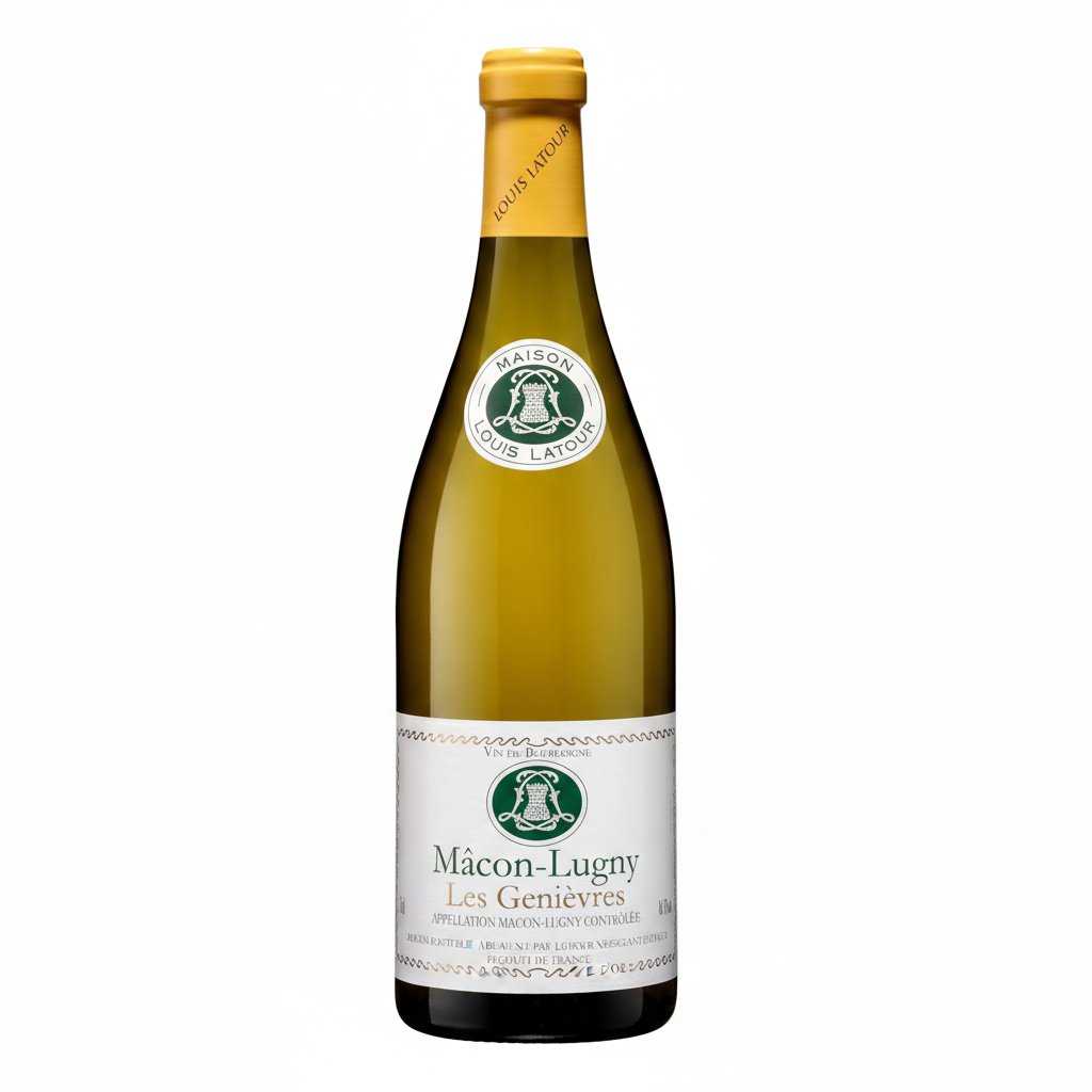 Louis Latour Macon-Lugny Les Genievres white wine bottle on a wooden table with a glass of wine nearby.