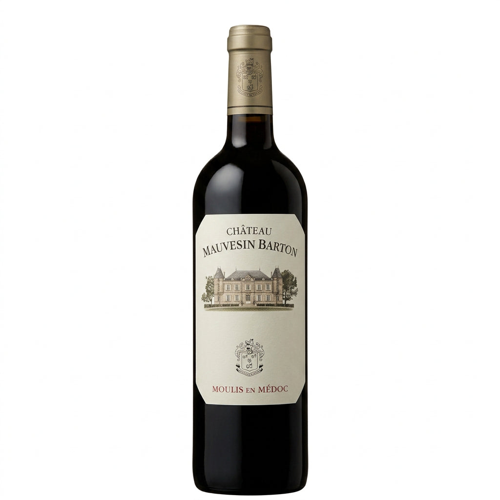 Chateau Mauvesin Barton wine bottle with label and cork, showcasing a red wine from the Bordeaux vineyard.