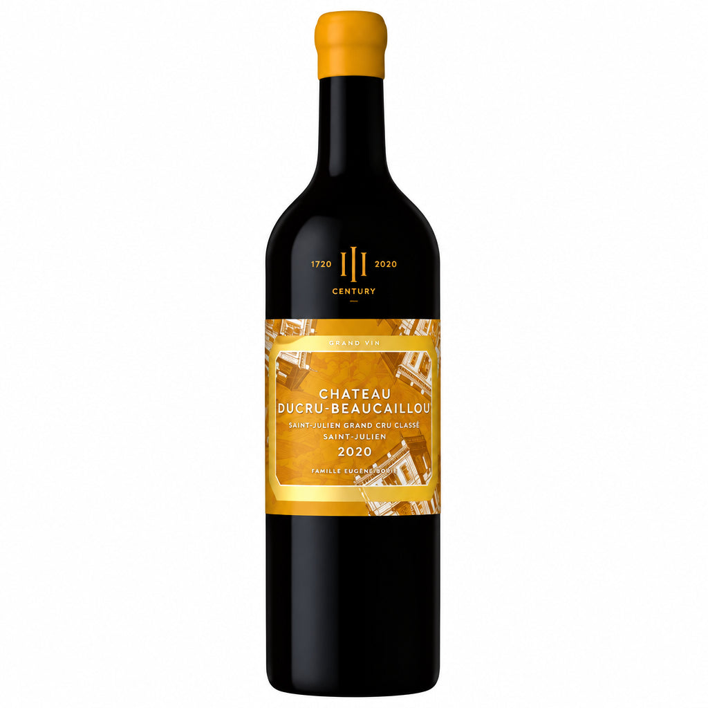 Bottle of Chateau Ducru Beaucaillou 2020 red wine with a deep red label and cork, set against a blurred background.