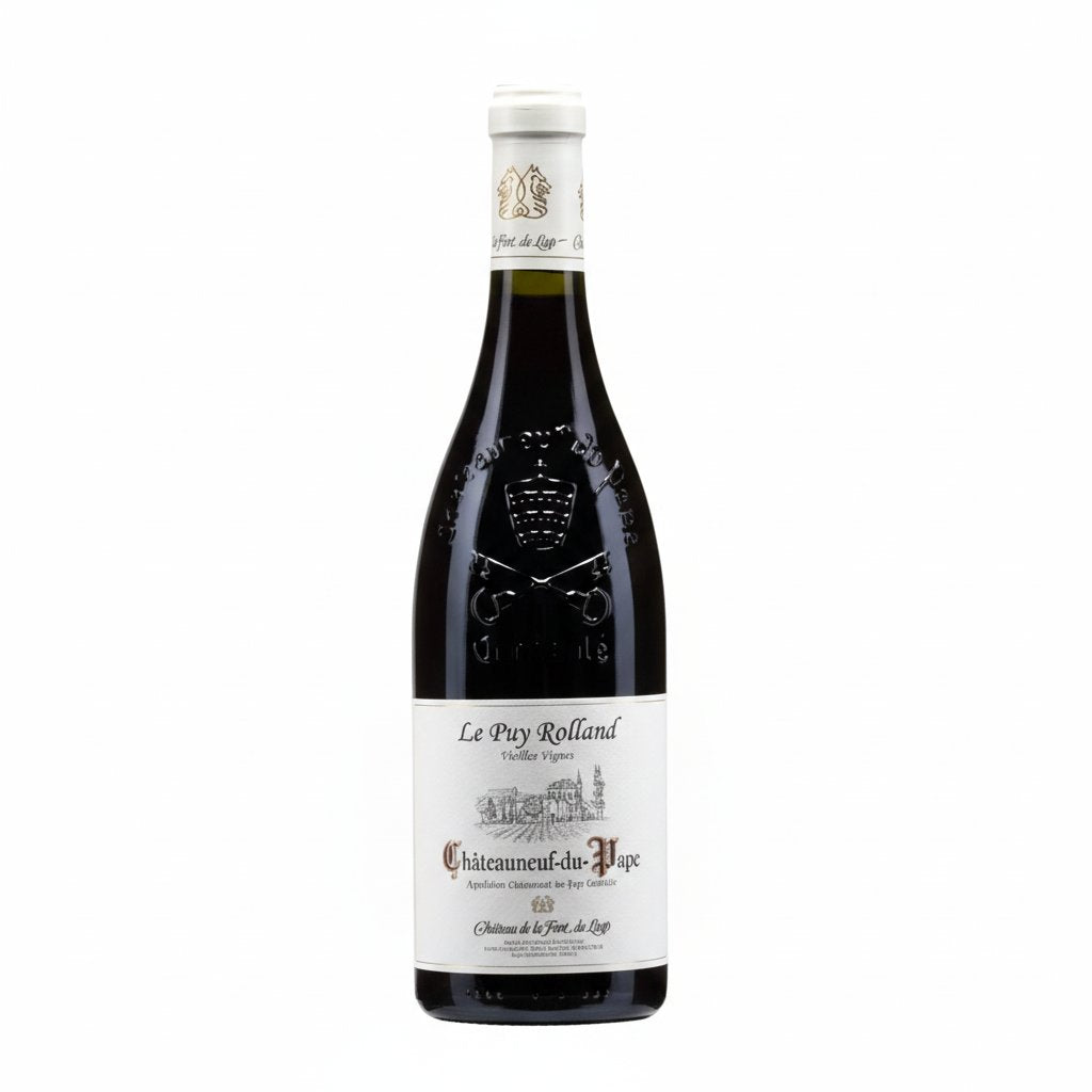 Bottle of Chateauneuf Du Pape Puy Roland Grenache wine with label visible on a wooden surface.