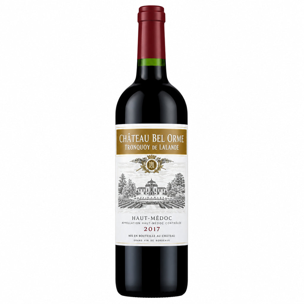 Chateau Bel Orme Tronquoy de Lalande red wine bottle with label and cork, showcasing the wine's elegant packaging.