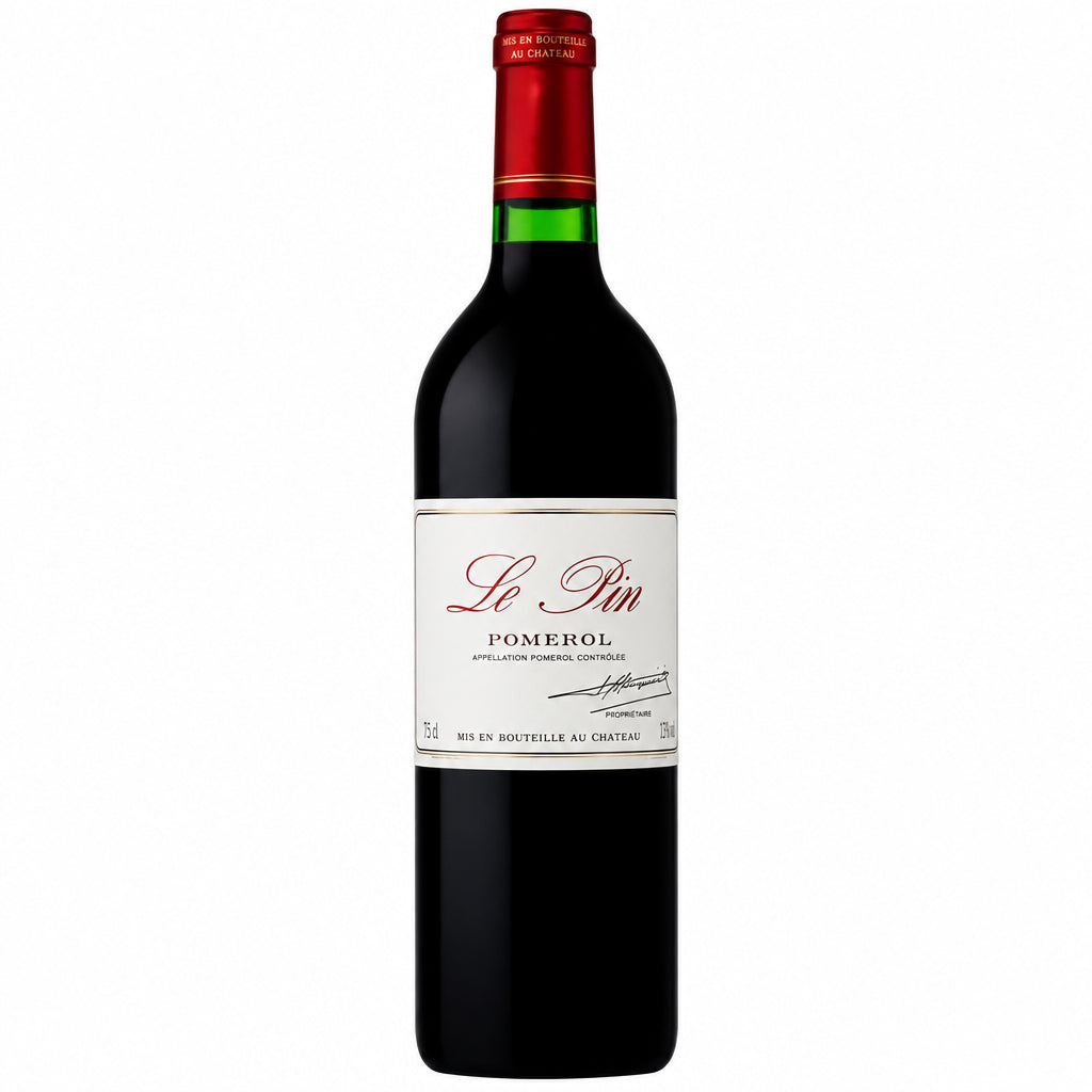Close-up of a Le Pin 2004 wine bottle showing the label and neck detail, highlighting the luxurious design of this prestigious wine.