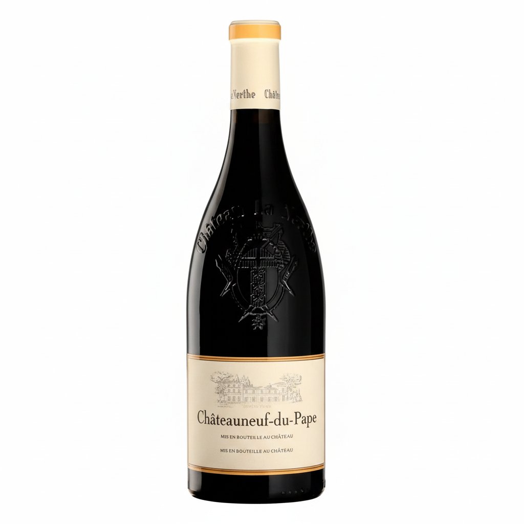 Bottle of Chateau La Nerthe Chateauneuf-du-Pape red wine in a glass, showcasing the elegant label and rich deep color