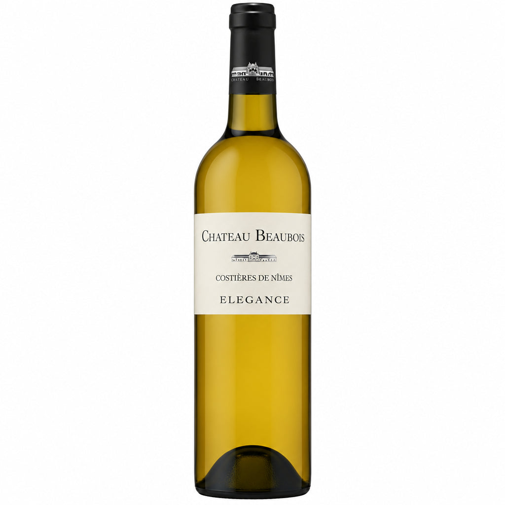 Chateau Beaubois Elegance Blanc white wine bottle with label, showcasing elegance and clarity in a close-up shot.