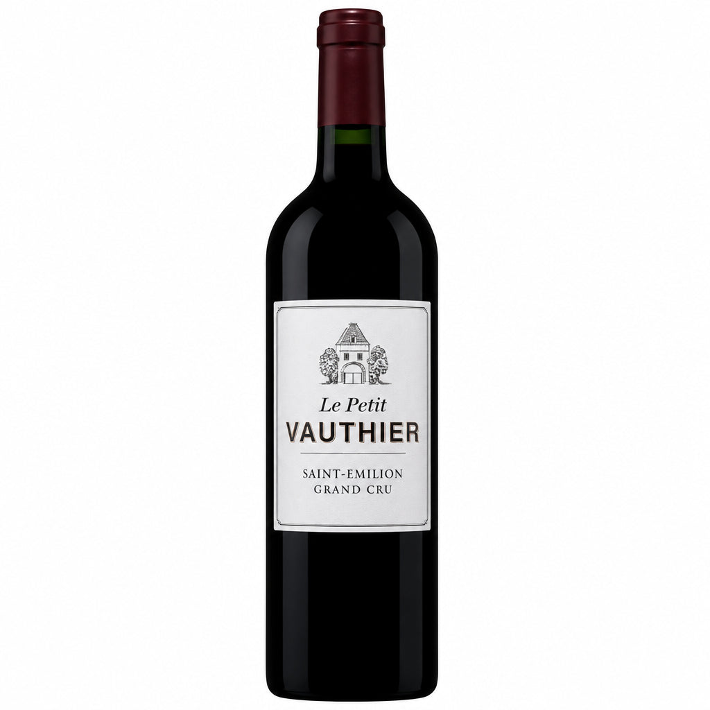 Bottle of Le Petit Vauthier 2015 red wine from Le, featuring a dark glass bottle with a classic label and foil capsule.