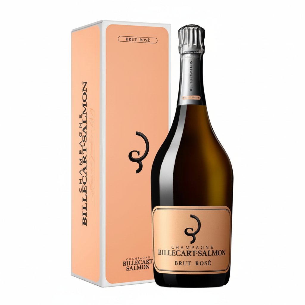 Billecart Salmon Brut Rose 1.5L magnum champagne bottle with elegant pink hue and gold foil label, showcasing luxurious wine.