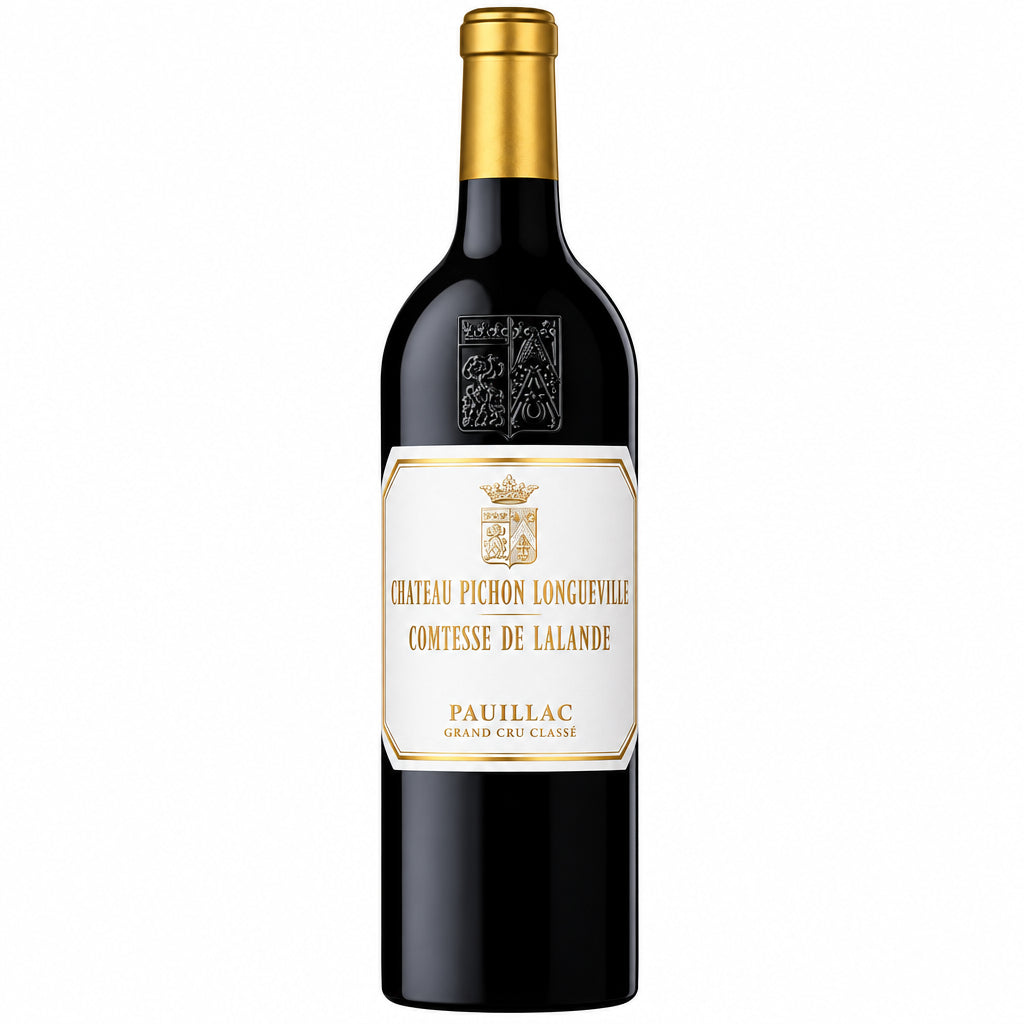 Bottle of Chateau Pichon Comtesse 2015 red wine with a dark label and gold accents, displayed upright on a wooden surface.
