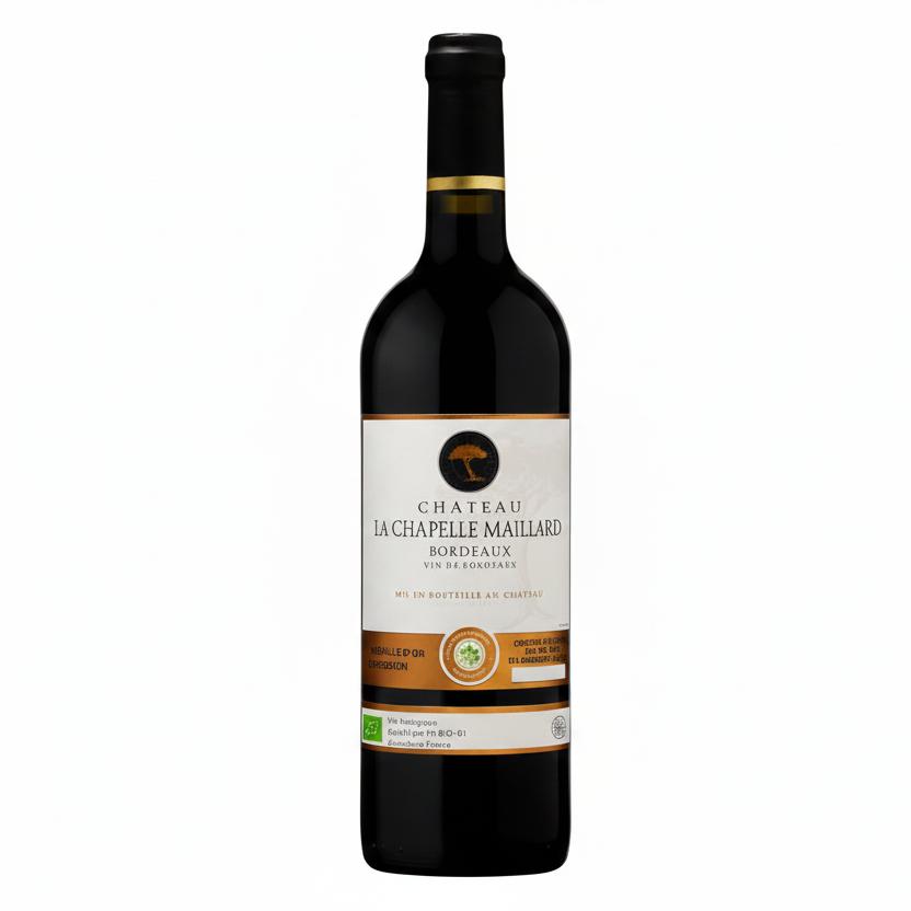 Chateau Chateau Chapelle Maillard Bordeaux Bio wine bottle with label and cork, highlighting organic wine from Bordeaux region.