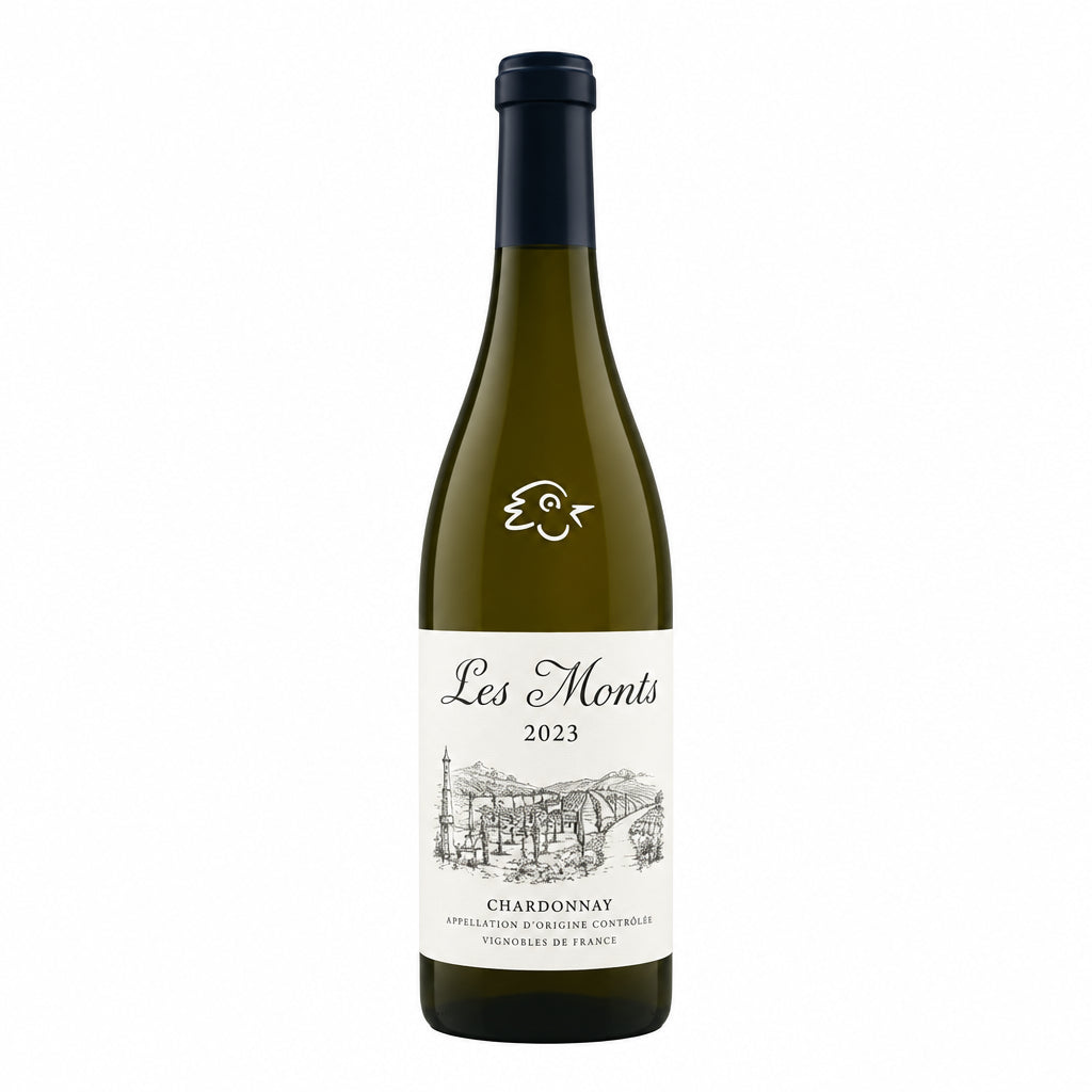 Le Monts Bourgogne Les Crucibees Blanc white wine in a clear glass bottle with a cream and gold label.