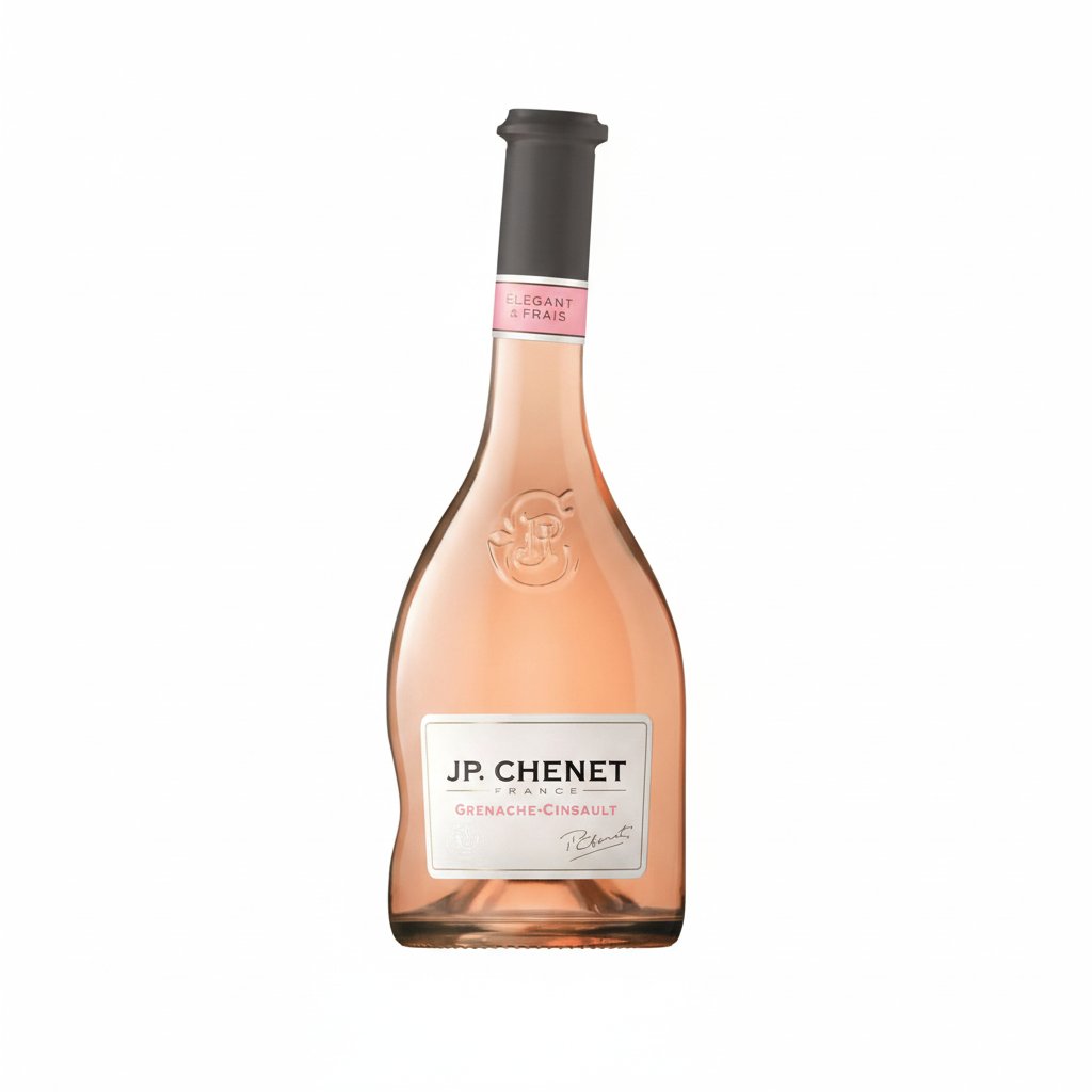 Bottle of JP Chenet Grenache Cinsault Rose wine with a pink label and clear glass bottle, showcasing the rosé color.