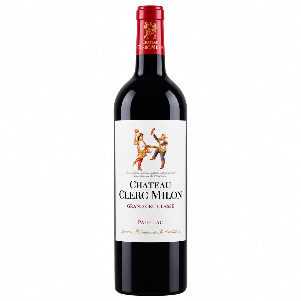 Bottle of Chateau Clerc Milon 2020 red wine with a dark label, set against a neutral background.