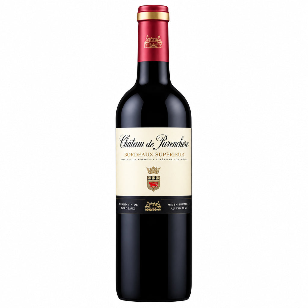 Bottle of Chateau de Parenchere Bordeaux Superior red wine with a classic label and deep red color in a clear glass bottle.