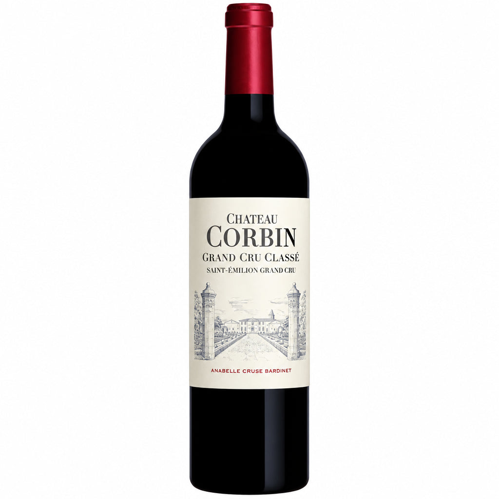 Chateau Corbin wine bottle with classic label, standing upright on a wooden surface, showcasing the elegant packaging.