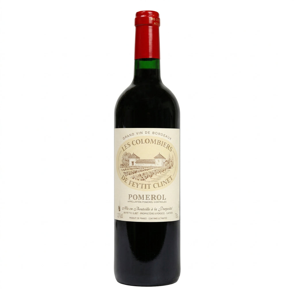 Bottle of Les Colombiers de Feytit-Clinet red wine from Les, with a dark glass bottle and elegant label.