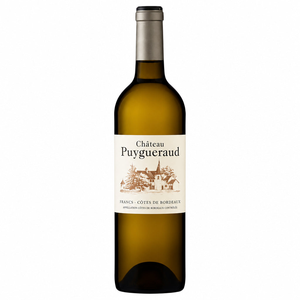 Chateau Puygueraud Blanc wine bottle with label, featuring elegant design and white wine imagery on a neutral background.