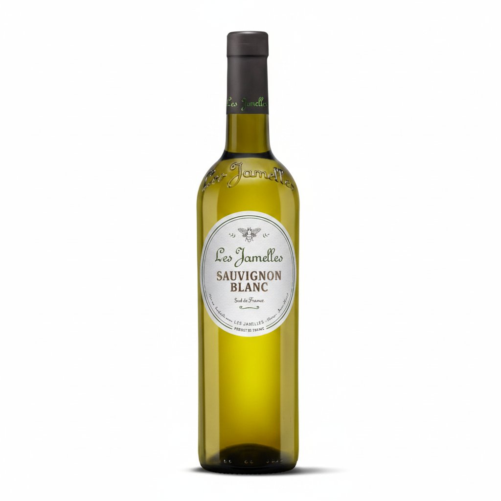 Les Jamelles Sauvignon Blanc Pays D'oc wine bottle with label featuring green and white design and a cork top.