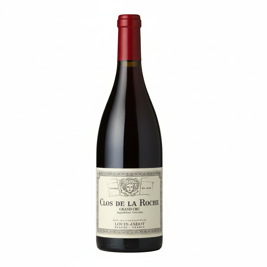 Bottle of Jadot Clos De La Roche Grand Cru red wine with a classic label, set against a neutral background.