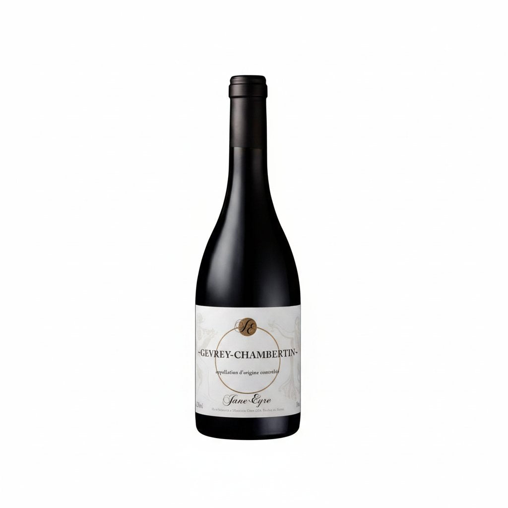 Bottle of Jane Eyre Gevrey Chambertin red wine from Jane, with a dark glass bottle and elegant label visible.