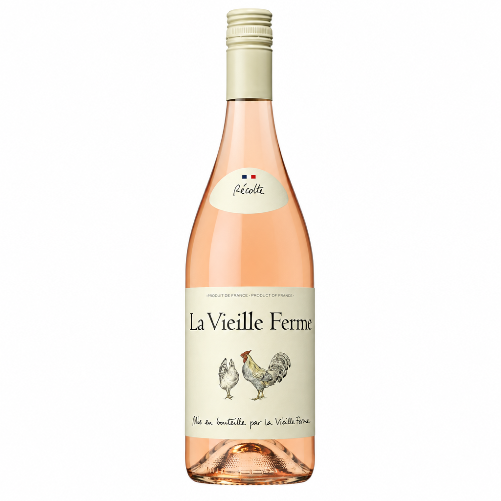Famille Perrin La Vieille Ferme Rose wine bottle with label, showcasing a light pink rosé wine from France.