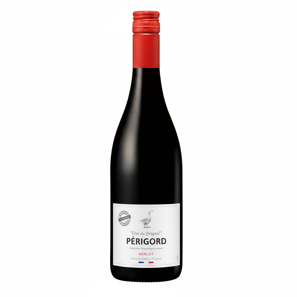 Bottle of L'oie Du Perigord Merlot red wine from L'oie, featuring a dark glass bottle with a detailed label and cork closure.