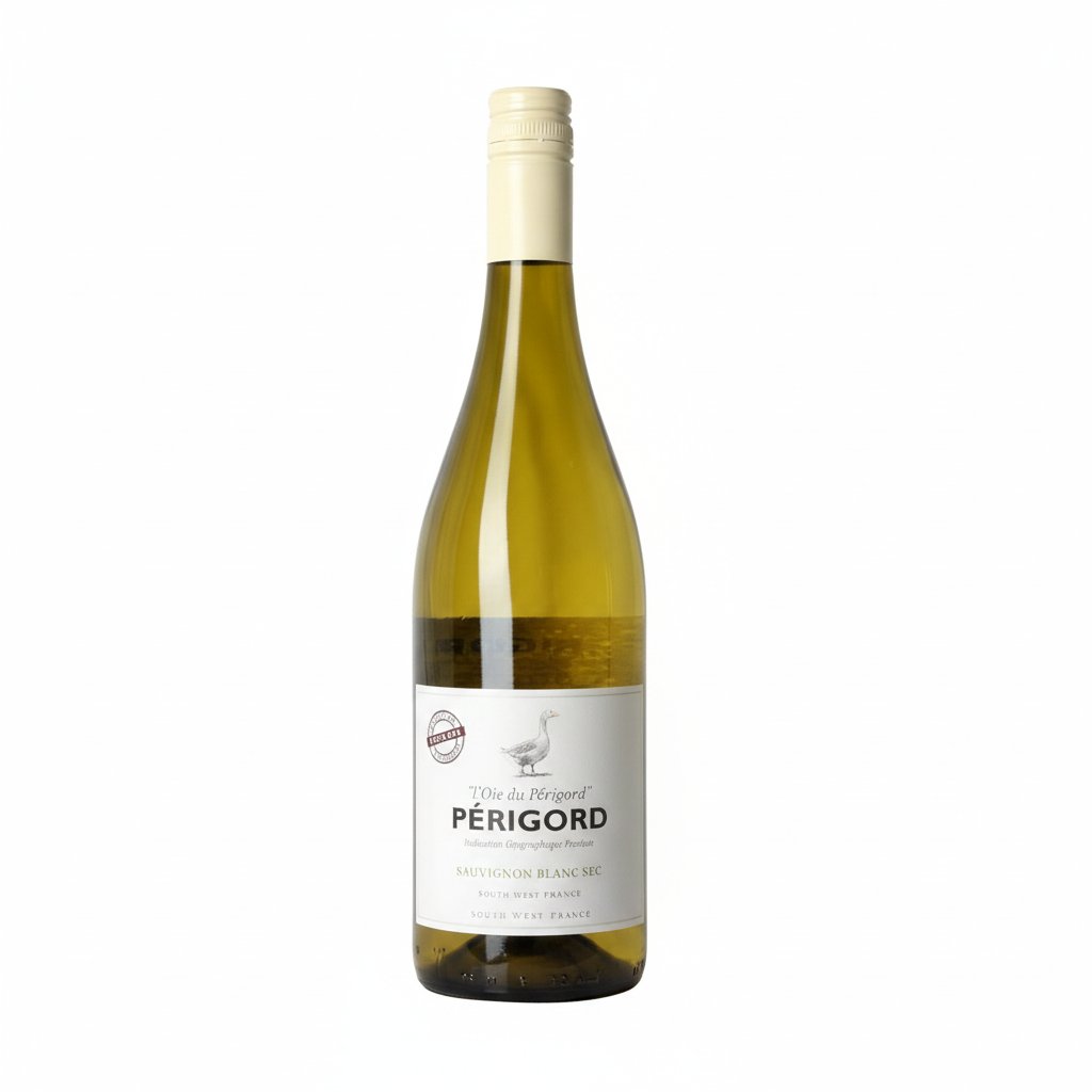 A bottle of L'oie Du Perigord Sauvignon Blanc wine with a white label and gold accents, standing on a wooden surface.