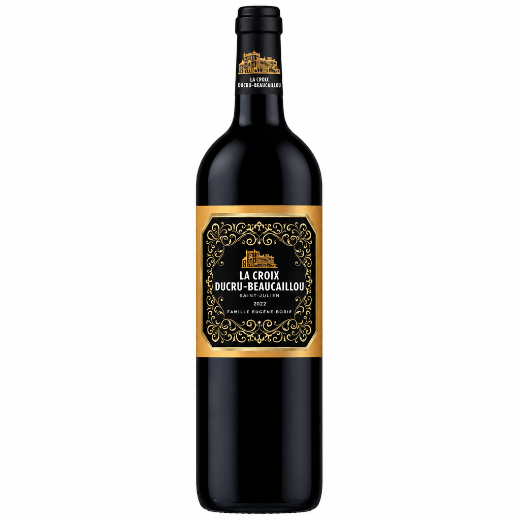 Bottle of La Croix De Ducru Beaucaillou red wine from La, showing a dark glass bottle with a detailed label.