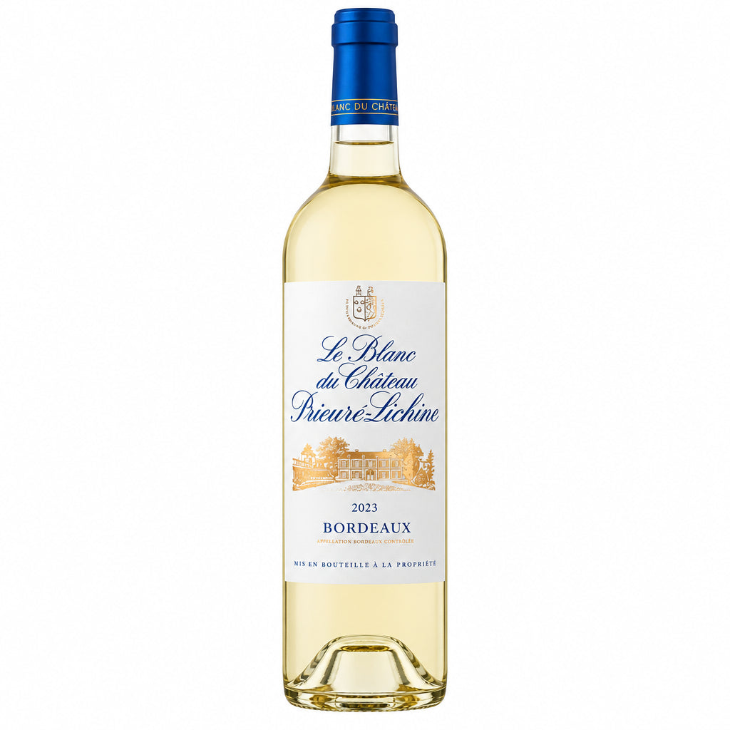 Chateau Prieure-Lichine Margaux 2023 Bordeaux white wine bottle with a dark label and gold accents, on a wooden surface.