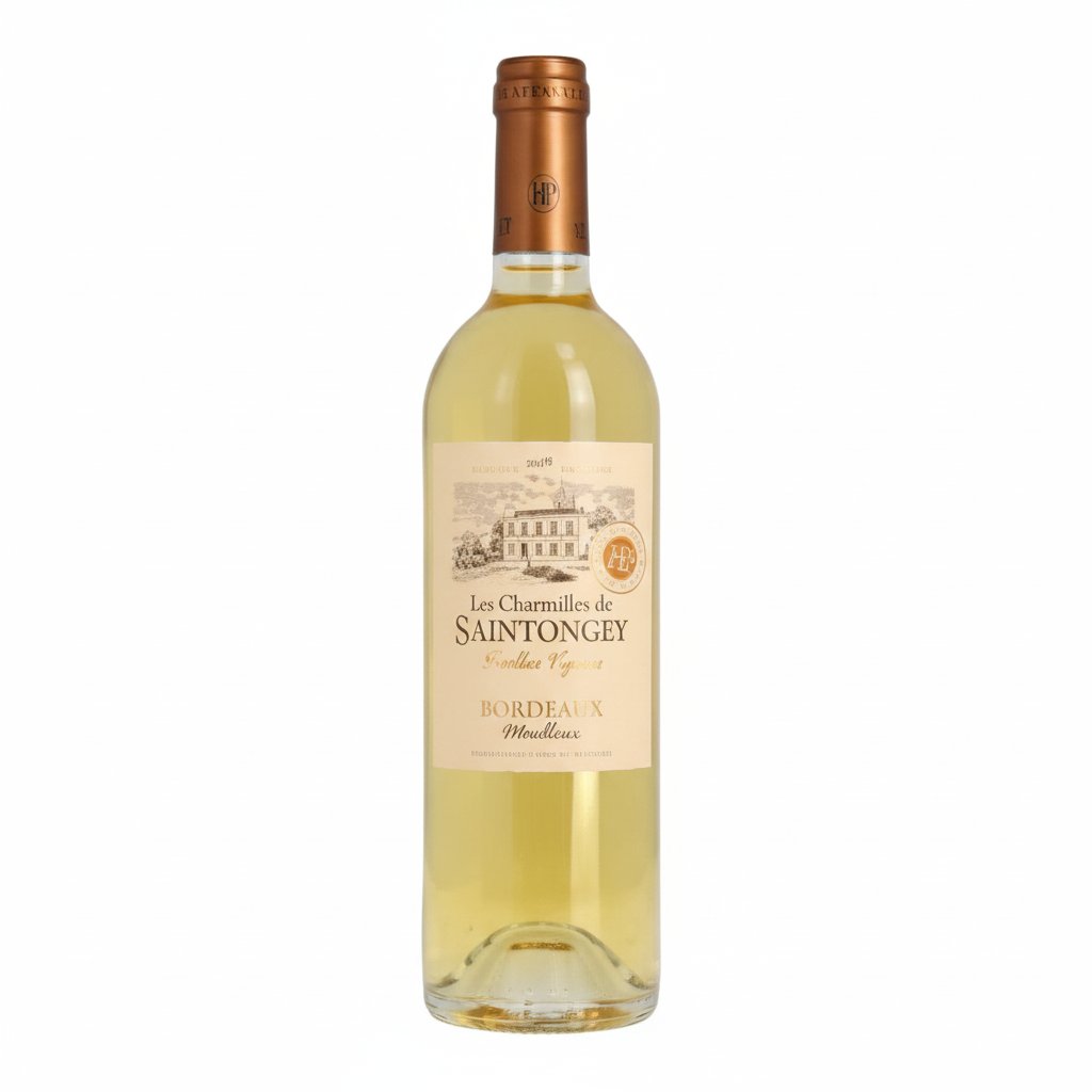 Bottle of Les Charmilles De Saintongey-Blanc white wine from Les, featuring a label with elegant design and golden accents.