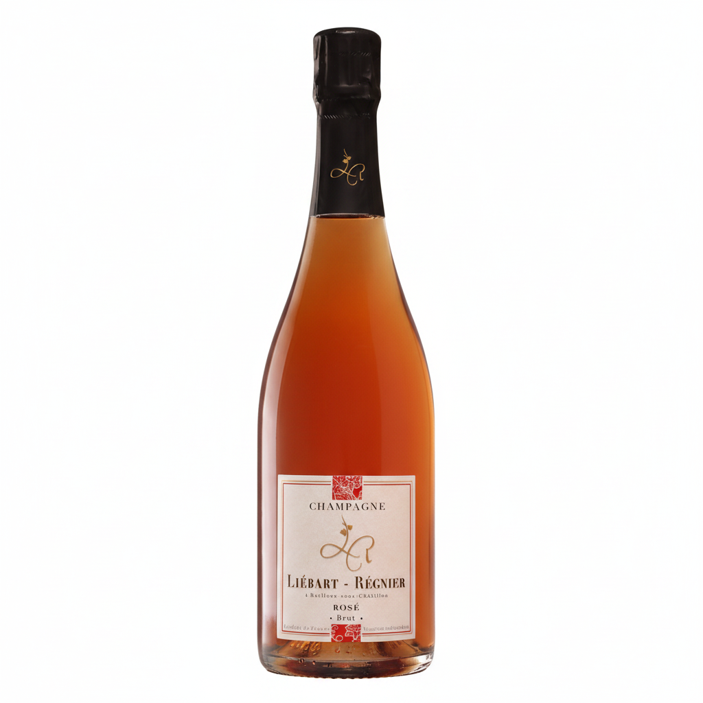 Liebart-Regnier Brut Rose champagne bottle with pink sparkling wine, elegant label, and foil wrapping on a white background.