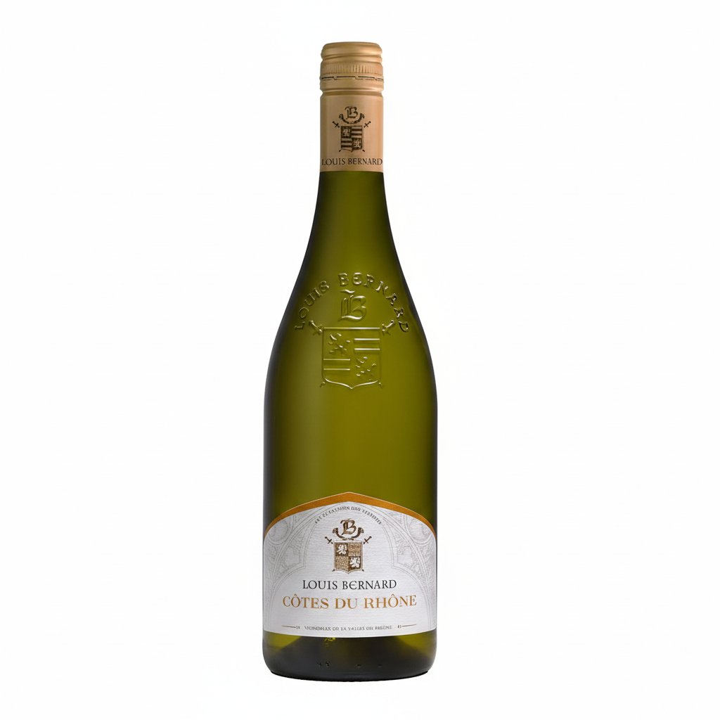 Louis Bernard Cotes du Rhone Blanc wine bottle with label visible, showcasing the white wine from the Louis brand.